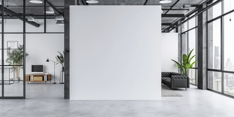 Poster - White blank wall in a modern office interior with glass doors and windows, mockup template,banner