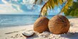 Tropical coconuts on pristine beach, evoking a paradise escape. Concept of travel, exotic destinations, and natural refreshment