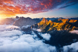 Fototapeta Na ścianę - A magical drone view of the Val di Fassa valley. Italian Alps, Dolomites, South Tyrol, Europe.
