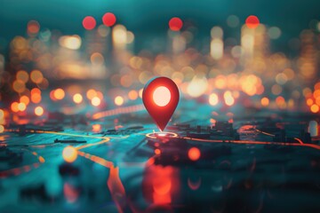 Poster - Travel and technologogy concept. 3d Gps icon on bokeh city skyline abstract background