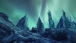 Sculptures of ice under aurora sky, night, low angle, ethereal spectacle, concept illustration