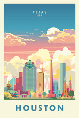 Wall Mural - Houston city retro poster abstract colored vector illustration, Texas