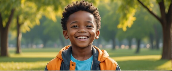 Wall Mural - Plain bright park background Portrait of black african smiling happy cute kid boy, copy space banner template backdrop from Generative AI