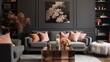 Charcoal Gray Walls with Blush Pink and Copper Accents in the TV Lounge.