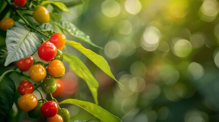 Wall Mural - A cluster of red and yellow peppers sprouting from a tall tree, showcasing the vibrant colors of the fruits in a natural setting