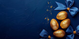 Fototapeta Przestrzenne - gold and blue easter eggs on a blue background. Easter frame of eggs painted in blue gold color. Flat lay, top view. Copy space for text.	