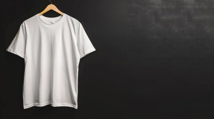 Blank white tank top shirt placed on wooden hanger with black background 