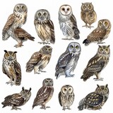 Fototapeta Zwierzęta - Clipart illustration showing various kinds of cute owls on a white background.