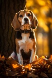 Fototapeta Zwierzęta - Junger Beagle Hund im Herbst laub in der Natur im Hochformat