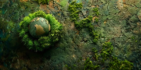 Wall Mural - A small globe is surrounded by green moss. The moss is growing on a rock, and the globe is placed on top of the moss