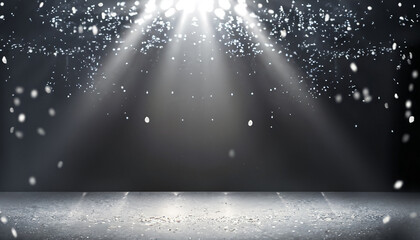 Wall Mural - Silver confetti rain on festive stage with light beam in the middle, empty room at night mockup with copy space for award ceremony