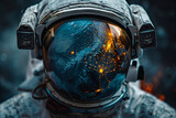 Fototapeta Kosmos - Astronaut helmet reflecting cosmic scenes with starry sky and earth, surrounded by sparks. Space exploration and dreams concept with copy space