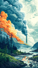 Sticker - A painting of a mountain range with a large fire in the background. The fire is orange and yellow, and it is surrounded by trees. The sky is cloudy, and the water is flowing down the mountain