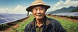 A elderly chinese farmer man on farm fields with solar panels on the side for green renewable energy banner copyspace from Generative AI