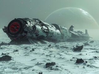 the wreckage of a futuristic spaceship lies desolate on an alien landscape, with a large planet loom