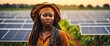 A young black african farmer woman on farm fields with solar panels on the side for green renewable energy banner copyspace from Generative AI
