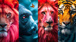 Four different animals with distinct features, including a lion, a tiger, a bear, and a monkey. The lion has a red mane, while the tiger has a red nose