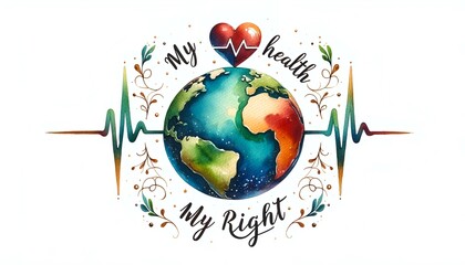 Wall Mural - Illustration for world health day with earth globe and a heartbeat line.