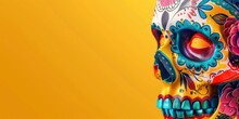 Mexican Scull Banner With Empty Space On A Solid Yellow Background