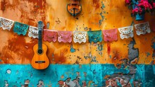 Mexican Culture-Themed Background With Papel Picado And Folklorico Dancers With Copy Space

