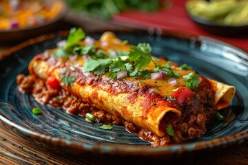 Wall Mural - Minimalist Top-View Red Enchilada on Dark Blue Plate

