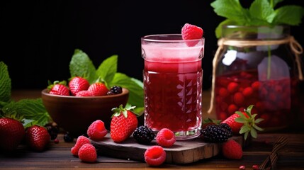 Wall Mural - Juice or lemonade in a glass, made from different fruits and berries. A refreshing refreshing drink. A healthy organic drink. Proper nutrition and diet.