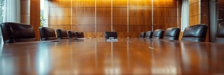 Wall Mural - empty conference table  in  office room with wood paneled walls and minimalist decor. empty meeting  room in modern office . banner