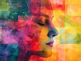 Wall Mural - A colorful painting of a woman's face with a serene expression. The painting is made up of various shapes and colors, giving it a unique and abstract appearance