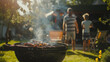 Family In Garden Doing Barbecue, Grill with Skewers and Barbecue Meat And Smoke. BBQ Summer Season Background