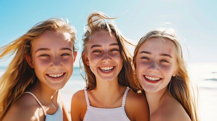 beautiful Teenage smiles enjoy a fun and lively day at the beach