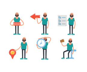 bald man character in different poses set vector illustration