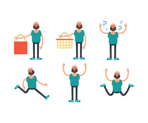 bald man character in different poses set vector illustration