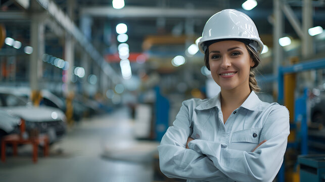 A woman with curly hair stands in a factory with a car in the background. She is smiling and she is proud of her work Industry automation 4.0 automotive production lines