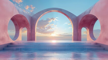 3d Render, Abstract Surreal pastel landscape background with arches and podium for showing product, panoramic view, Colorful dune scene with copy space, blue sky and cloudy, Minimalist decor design