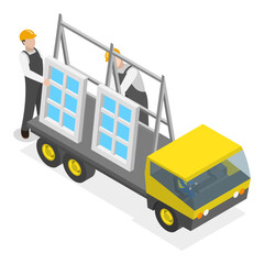 3D Isometric Flat Vector Illustration of Windows Installing, Building Construction Industry. Item 2