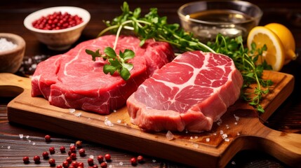 Fresh raw fillet steak and sashimi on wooden board background