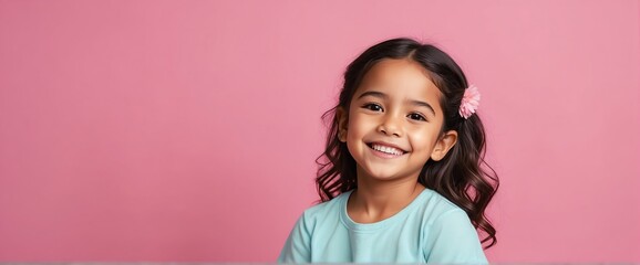 Plain bright pink background Portrait of hispanic mexican smiling happy cute kid girl, copy space banner template backdrop from Generative AI