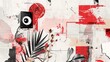 © Mark - Stylish modern advertising poster design with red, black and white elements on a collage grunge banner. Loudspeaker announcing crazy promotions. Doodle elements on retro poster.