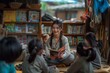 © Kmikhidov - Young pretty asian volunteer female reading aloud to a group of children at a public library, fostering a love for learning and literature. Education and schooling concept