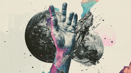 Wall Mural - Psychedelic modern poster. New Wave. Punk. Hand with halftone effect creating a gesture Rock. Ripped fingers and sweat. Textured background with abstract space and stars.