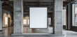 A white blank mockup poster hanging in an art gallery, framed by architectural elements that add visual interest to the space