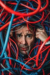 Poster - A man in a suit surrounded by wires. Ideal for technology and connectivity concepts