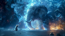A mystic mouse faces a colossal elephant aglow with celestial energy and stardust.