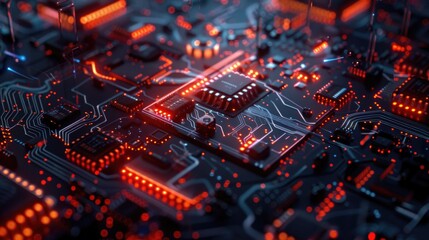 Poster - Close up of a circuit board with glowing red lights, perfect for technology concepts