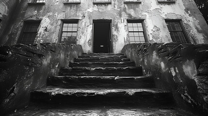 Wall Mural - Black and white photography  - low angle shot - old building - stairway 