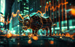 Financial Exchange and Bronze Bull Sculpture,created with Generative AI tecnology.