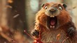 Cute beaver in autumn forest, close-up. Funny animal
