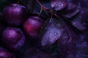 Wall Mural - Close-up of fresh plums with waterdrops on leaves in a purple and organic setting