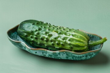 Wall Mural - Green cucumber on a ceramic plate reflects healthy, fresh, and organic food concept