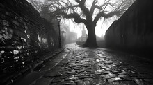 Black And White Photo Of A Tree Next To A Cobblestone Path - Stone Walls - Haunting Visual - Surreal 